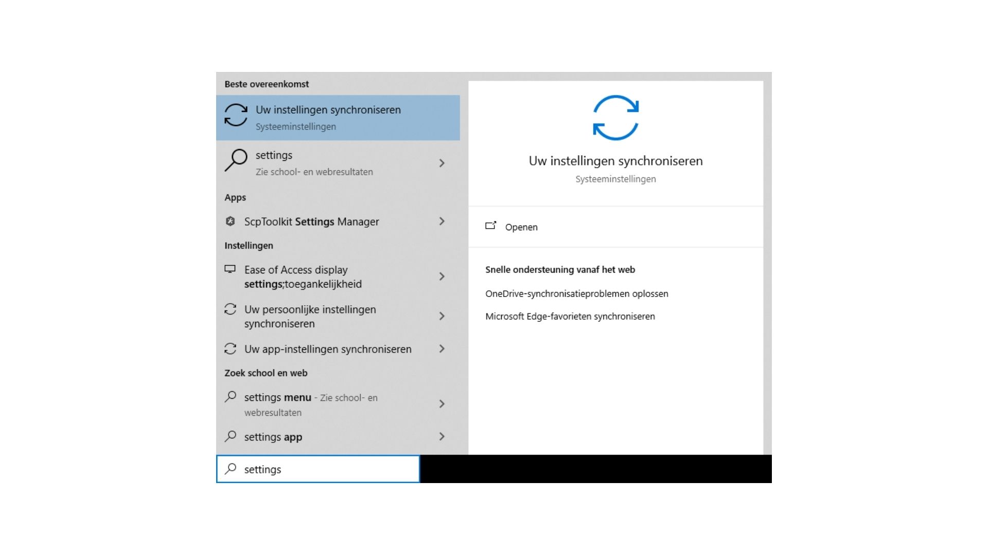 settings windows search bar